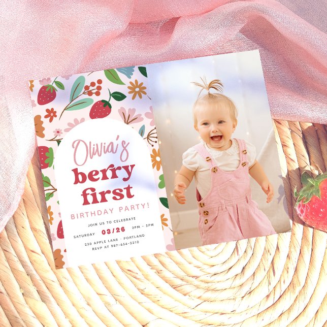 Strawberry Berry First Budget Foto Geburtstagspart (Card Front Mock-up)