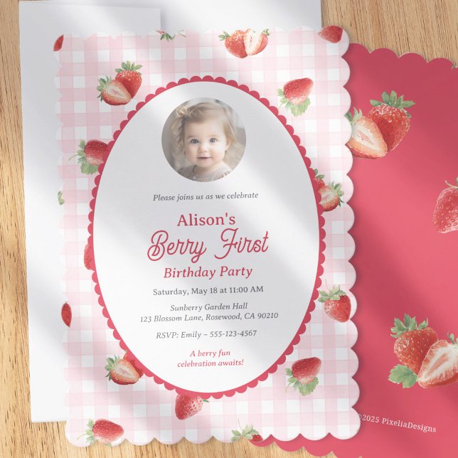 Strawberry-Berry First Girl 1st Birthday Photo Einladung (Strawberry Themed Berry First Birthday invitation with photo.)