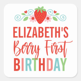 Strawberry Berry First Girl Birthday Quadratischer Aufkleber