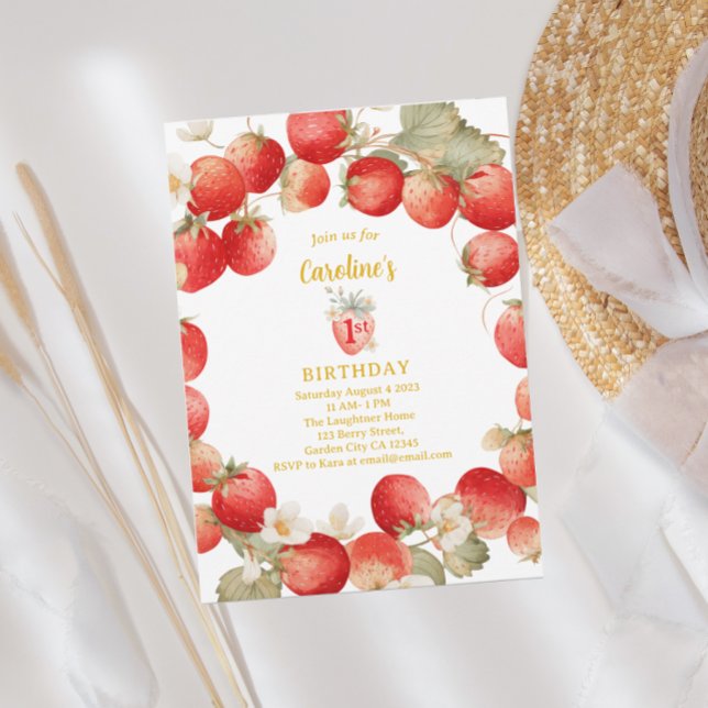 Strawberry Berry First Girls Birthday Einladung (Von Creator hochgeladen)