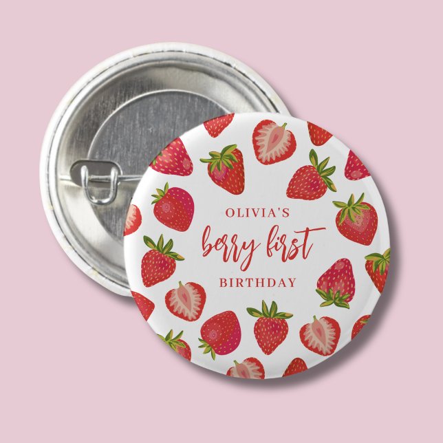 Strawberry Berry First Girls Personalisiert Geburt Button (Strawberry girls berry first birthday button)