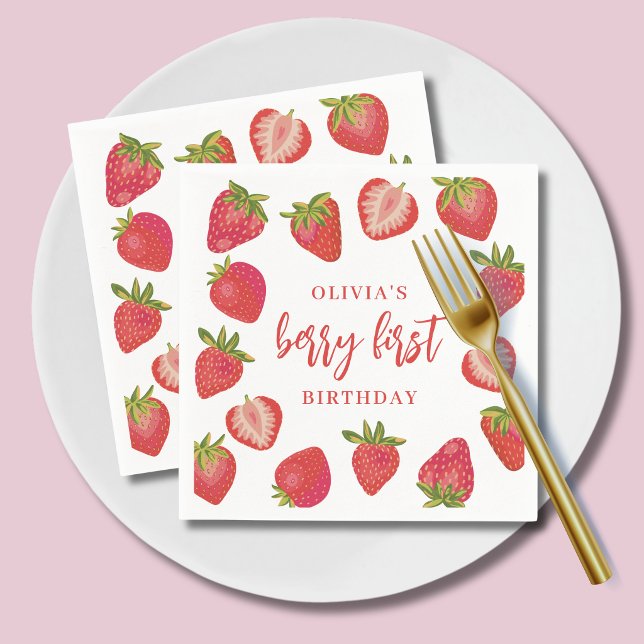 Strawberry Berry First Girls Personalisiert Geburt Serviette (Strawberry girls berry first birthday paper napkins)