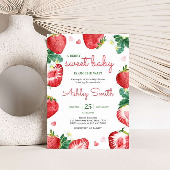 Strawberry Berry Sweet Baby Dusche Einladung (A Berry Sweet Strawberry Baby Shower Invitation)