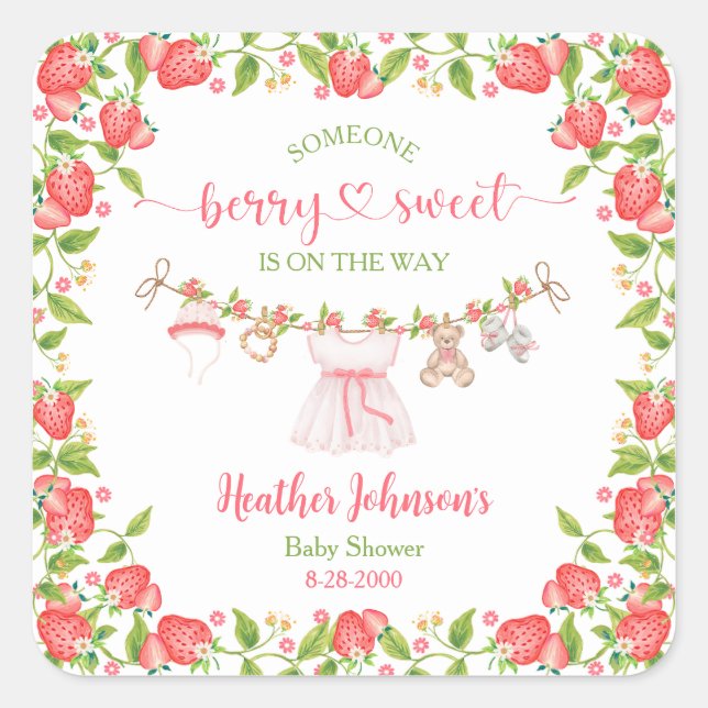 Strawberry Berry Sweet Clothesline Baby Dusche Quadratischer Aufkleber (Vorderseite)