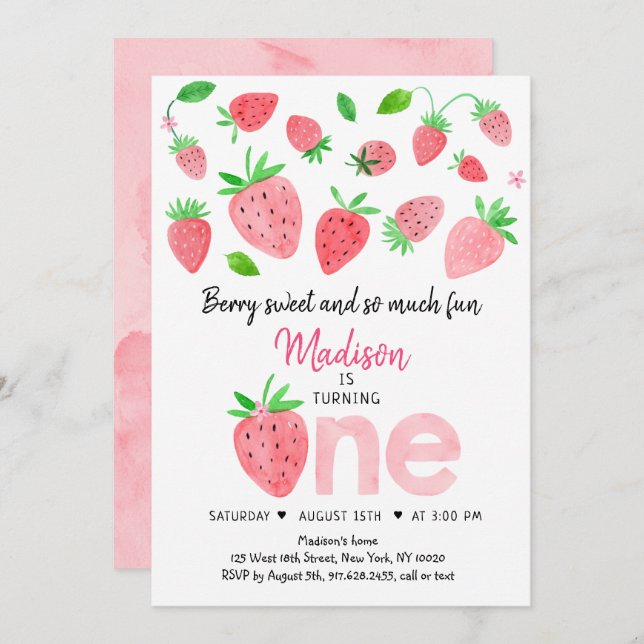 Strawberry Berry Sweet Erster Geburtstag Einladung (Vorne/Hinten)