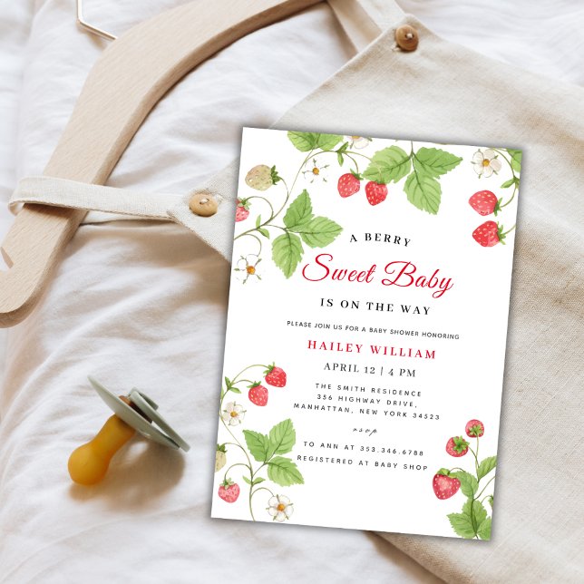 Strawberry Berry Sweet Greenery Baby Shower Einladung (Strawberry Berry Sweet Greenery Baby Shower Invitation)