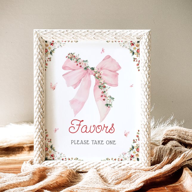 Strawberry Berry Sweet Pink Bow Baby Shower Favori Poster (Von Creator hochgeladen)