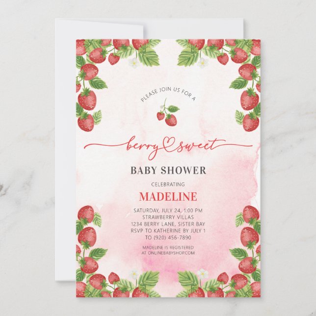 Strawberry Berry Sweet Watercolor Babydusche Einladung (Vorderseite)