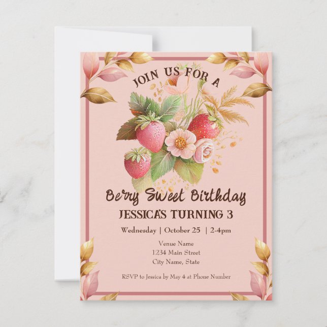 Strawberry Birthday Boho Pink Einladung (Vorderseite)