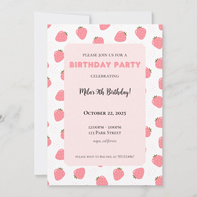 Strawberry Birthday Einladung (Vorderseite)