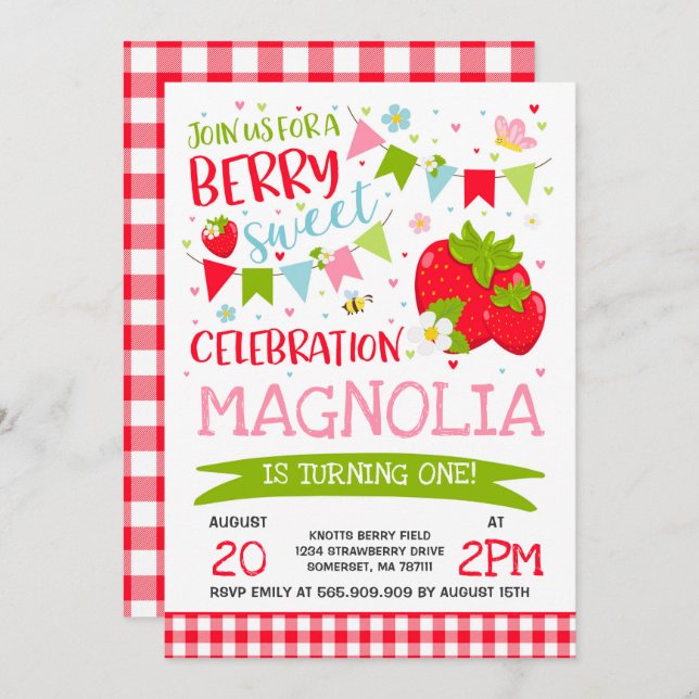 Strawberry Birthday Einladung Berry Sweet Party (Vorne/Hinten)