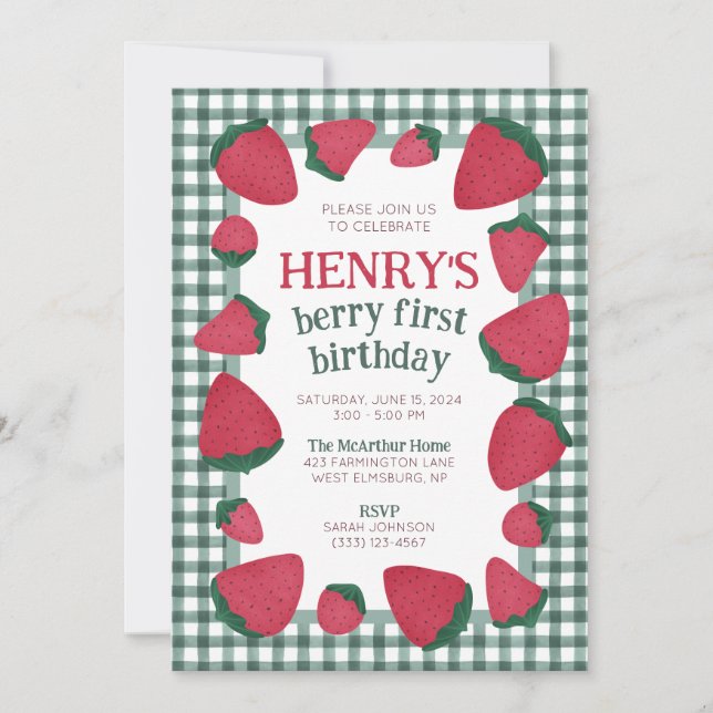 Strawberry Birthday Einladung für Jungen oder Mädc (Vorderseite)