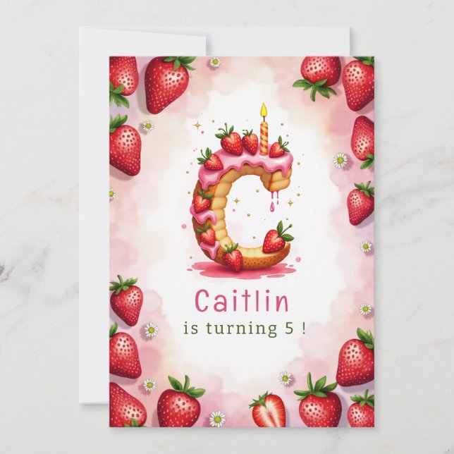 Strawberry Birthday Einladung Letter C Cake Thema (Vorderseite)