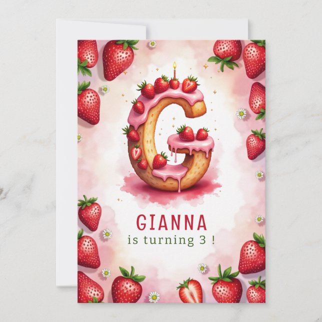 Strawberry Birthday Einladung Letter G Cake Design (Vorderseite)
