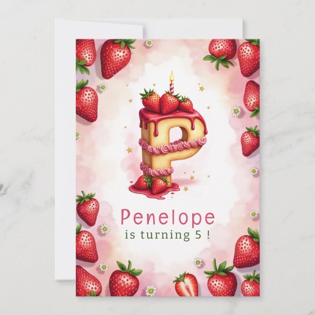 Strawberry Birthday Einladung Letter P Cake Thema (Vorderseite)