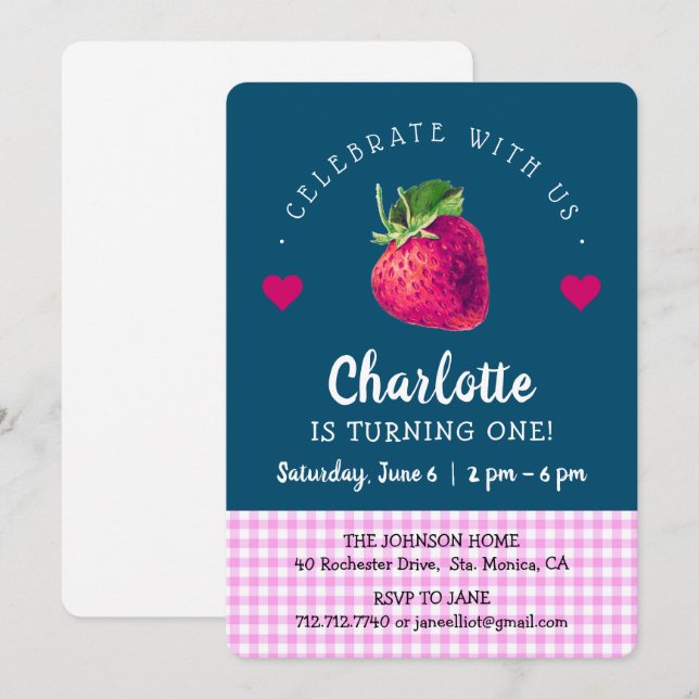 Strawberry Birthday Girl Blue Green Pink Checkered Dankeskarte (Vorne/Hinten)