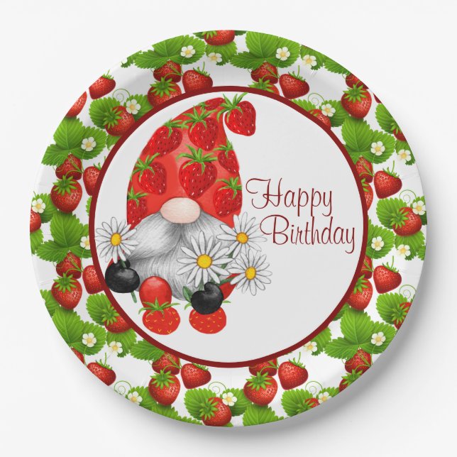 Strawberry Birthday Gnome Pappteller (Vorderseite)