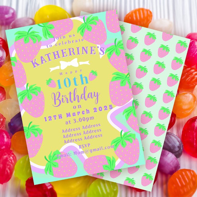 Strawberry Birthday Green Blue Einladungskarte (Sweet Strawberry Birthday Invitation Card. )