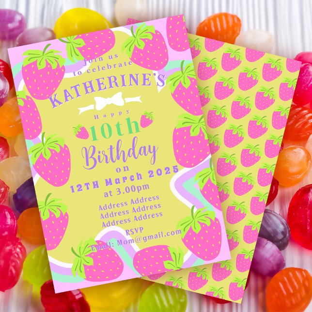 Strawberry Birthday Green Pink Einladungskarte (Sweet Strawberry Birthday Invitation Card. )