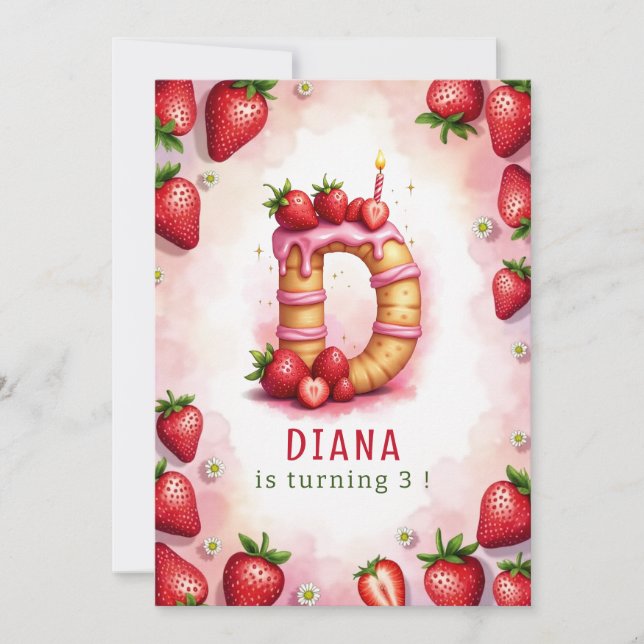 Strawberry Birthday Invite Letter D Cake Design Einladung (Vorderseite)