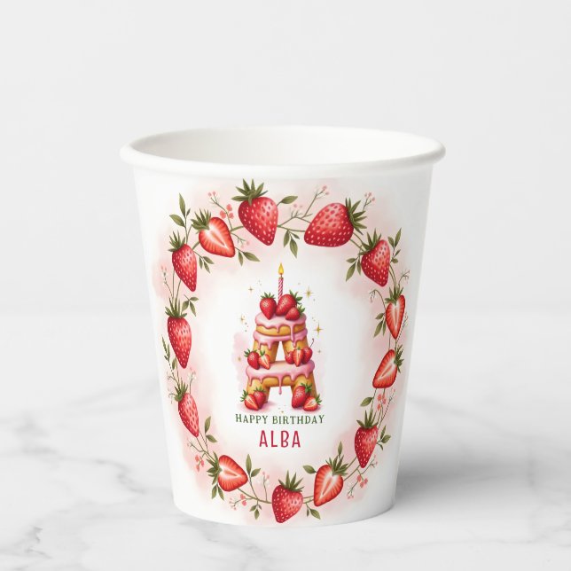 Strawberry Birthday Paper Cup Letter A Cake Pappbecher (Vorderseite)