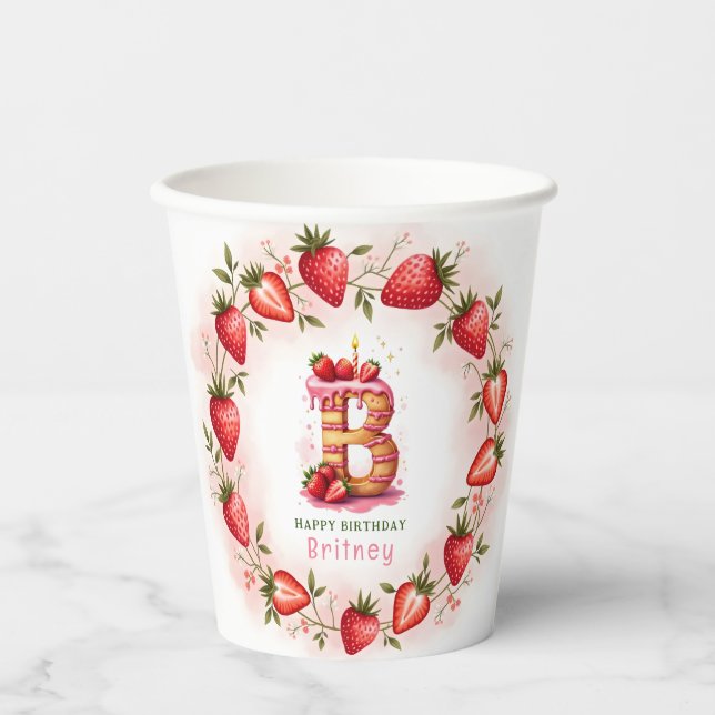 Strawberry Birthday Paper Cup Letter B Cake Pappbecher (Vorderseite)