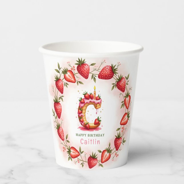 Strawberry Birthday Paper Cup Letter C Cake Pappbecher (Vorderseite)