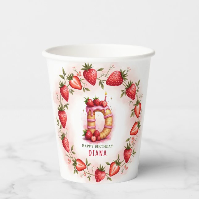 Strawberry Birthday Paper Cup Letter D Cake Pappbecher (Vorderseite)