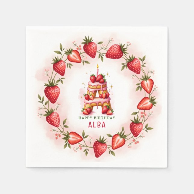 Strawberry Birthday Paper Napkin Letter A Cake Serviette (Vorderseite)