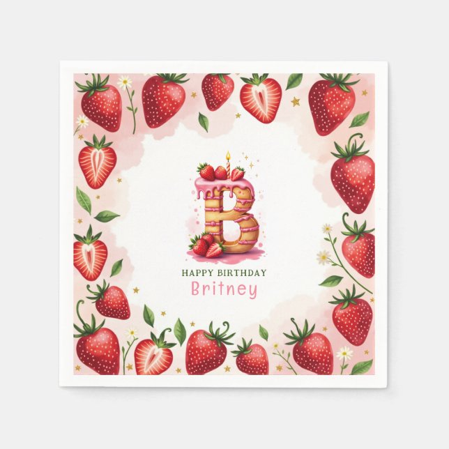 Strawberry Birthday Paper Napkin Letter B Cake Serviette (Vorderseite)