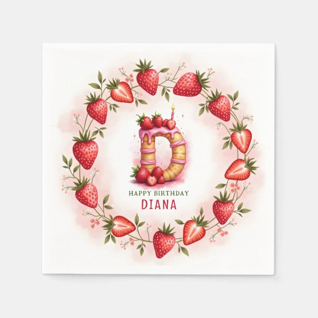 Strawberry Birthday Paper Napkin Letter D Cake Serviette (Vorderseite)