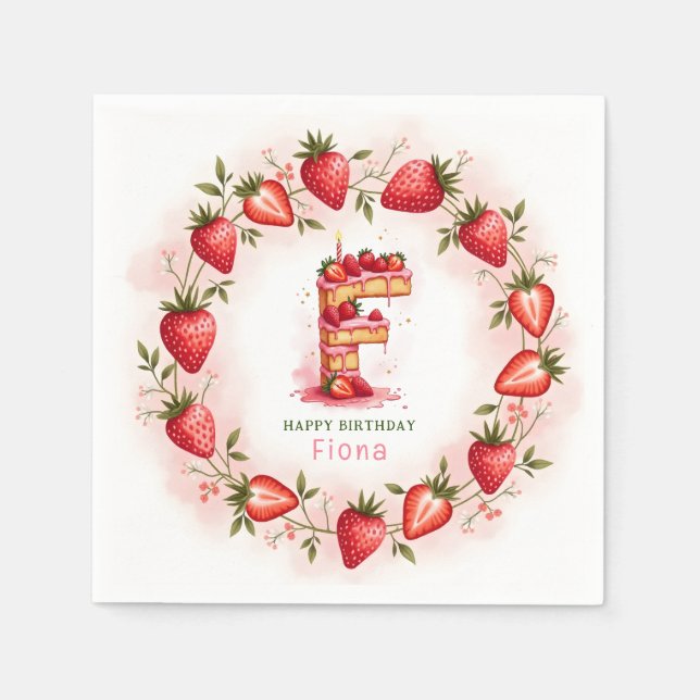 Strawberry Birthday Paper Napkin Letter F Cake Serviette (Vorderseite)