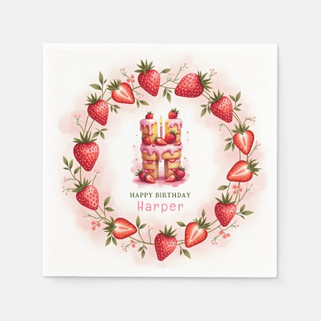 Strawberry Birthday Paper Napkin Letter H Cake Serviette (Vorderseite)