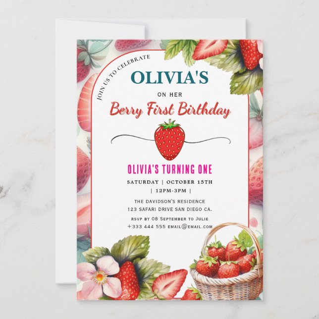 Strawberry Birthday Party Berry Erste Einladung (Vorderseite)