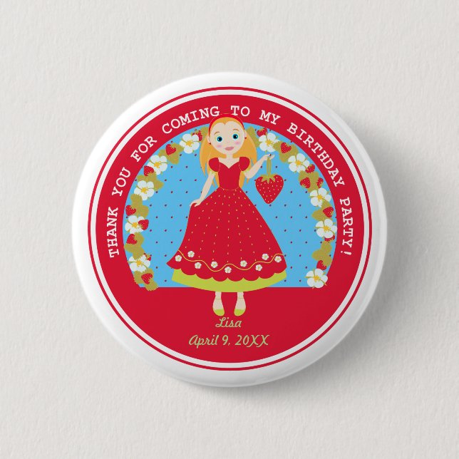 Strawberry Birthday Party Girl Button (Vorderseite)