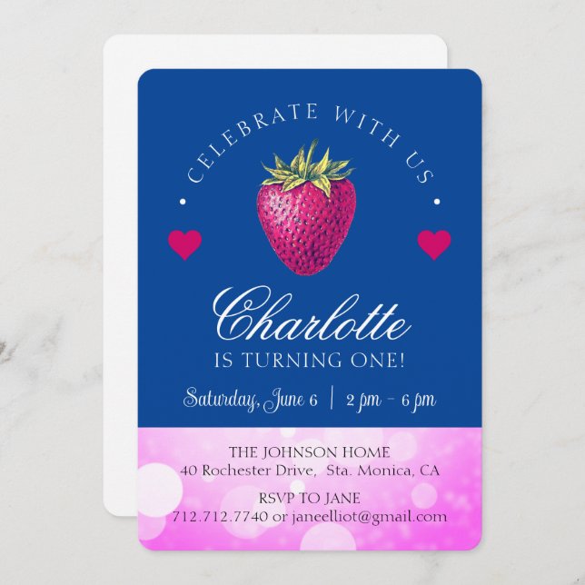 Strawberry Birthday Party Girl Pink und Dark Blue Dankeskarte (Vorne/Hinten)