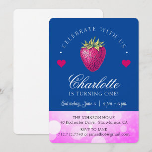 Strawberry Birthday Party Girl Pink und Dark Blue Dankeskarte