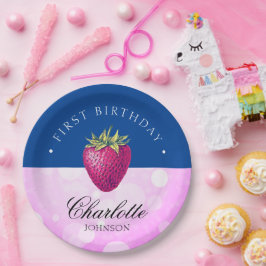 Strawberry Birthday Party Girl Pink und Dark Blue Pappteller