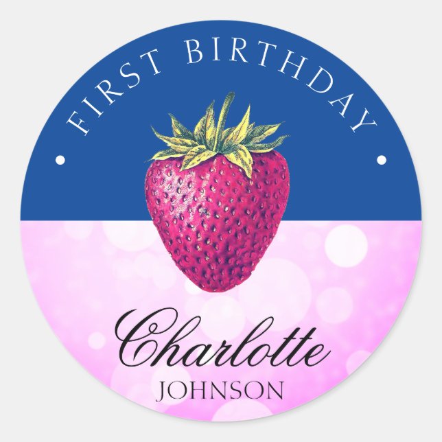 Strawberry Birthday Party Girl Pink und Dark Blue Runder Aufkleber (Vorderseite)