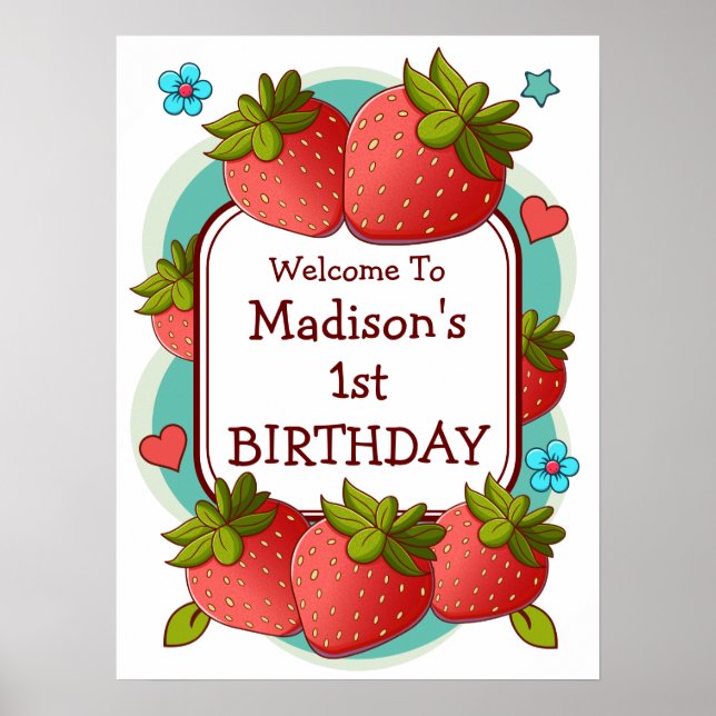 Strawberry Birthday Party Personalisiert Poster (Vorne)