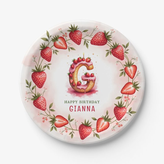 Strawberry Birthday Plate Letter G Cake Design Pappteller (Vorderseite)