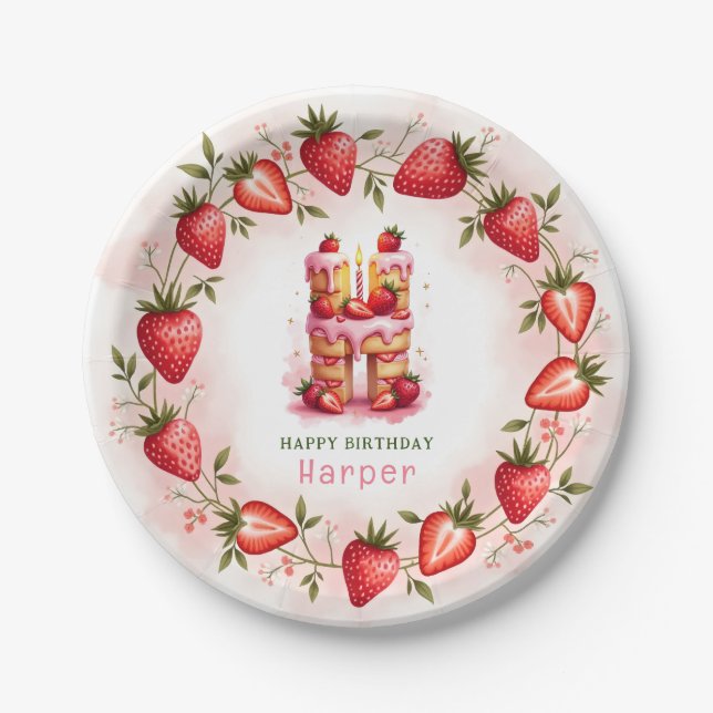 Strawberry Birthday Plate Letter H Cake Design Pappteller (Vorderseite)