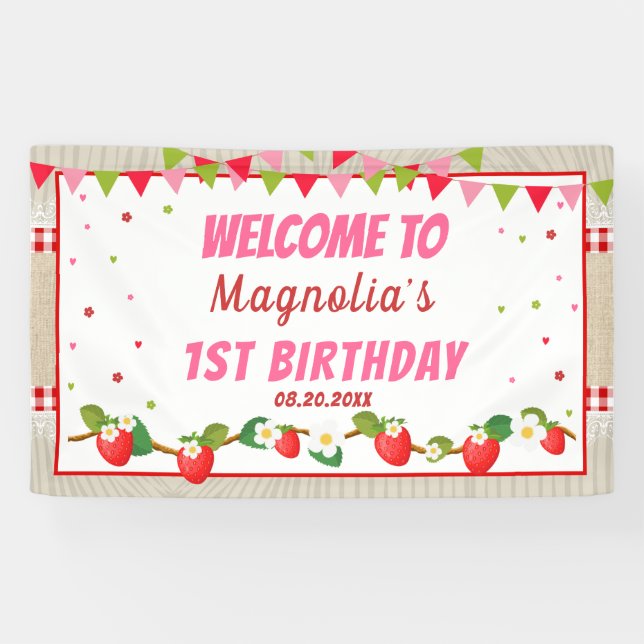 Strawberry Birthday Red Camco Blanket Hintergrund Banner (Horizontal)