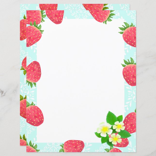 Strawberry Blank Blue Stationery Paper (Vorne/Hinten)