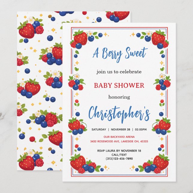 Strawberry Blueberry Berry Sweet Baby Shower Einladung (Vorne/Hinten)