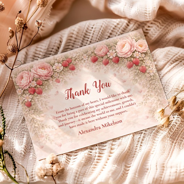 Strawberry Blush Garden Celebration 1st Birthday Dankeskarte (Von Creator hochgeladen)