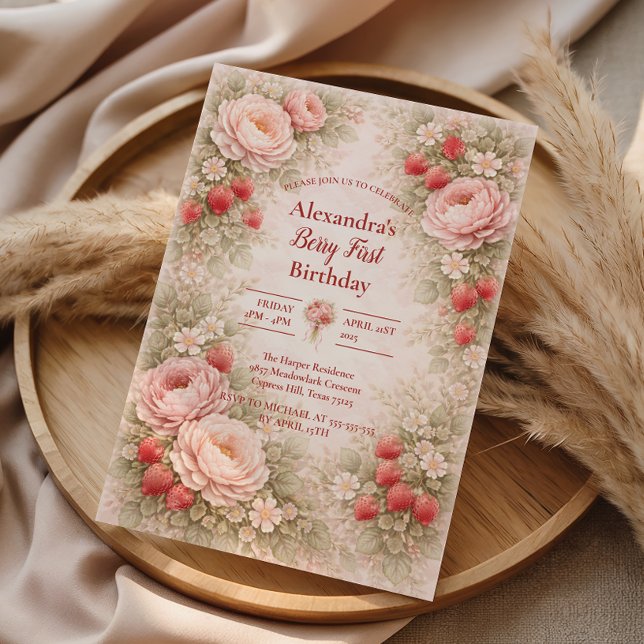 Strawberry Blush Garden Celebration 1st Birthday Einladung (Von Creator hochgeladen)