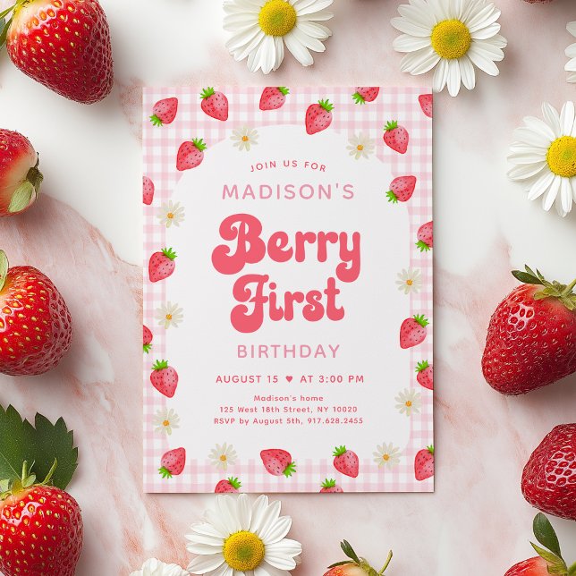 Strawberry Boho DaisyBerry Erster Geburtstag Einladung (Von Creator hochgeladen)