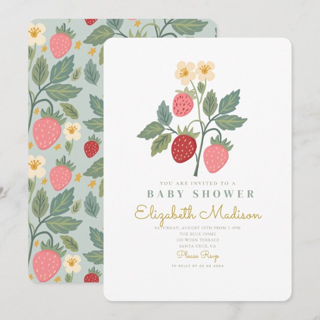 Strawberry Bouquet Blossom Babydusche Einladung (Vorne/Hinten)