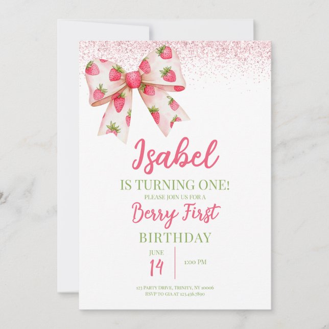 Strawberry Bow Birthday Einladung (Vorderseite)